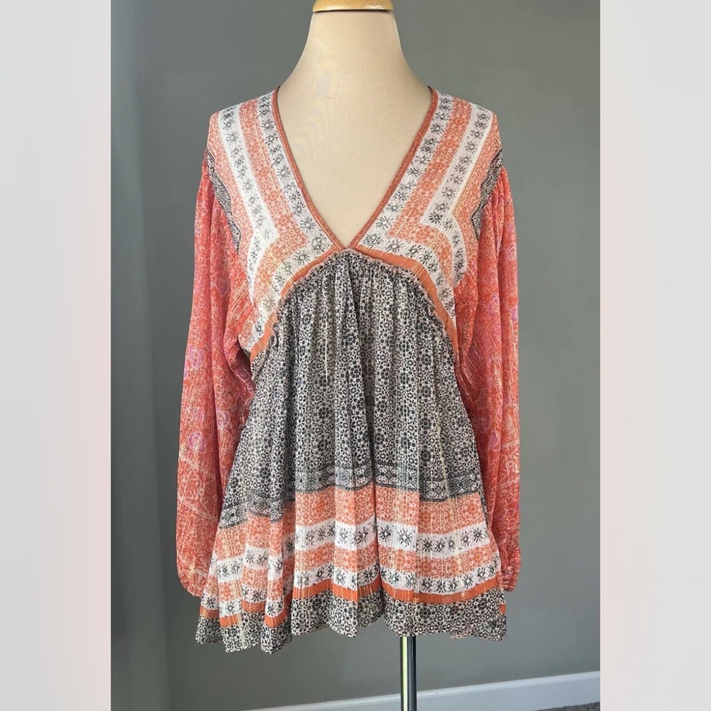 NEW Free People Aliyah Woven Tunic Sheer Balloon Sleeve BOHO Blouse Top S